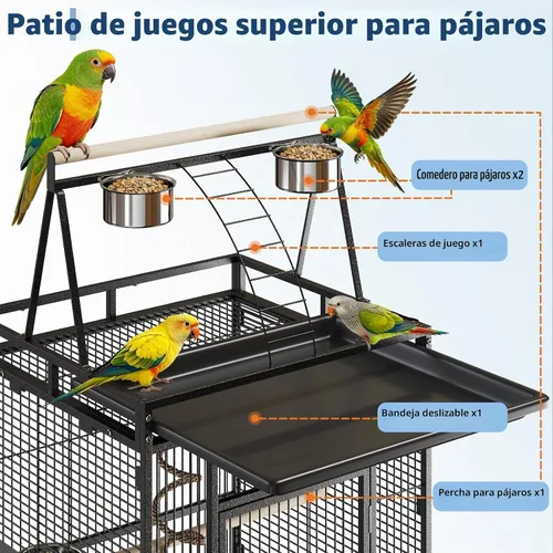 Vista 5 de Jaulas grandes de hierro forjado de 67 pulgadas con soporte rodante para cacatúas, loro, quáquero, conure, periquito, tortolito, canario, pequeño