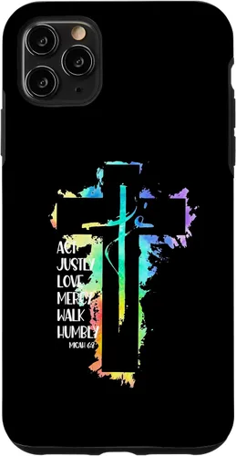 Vista 11 de Funda para iPhone 15 Tie Dye Cross Micah 6:8 Act Justly Bible Scripture Easter Case
