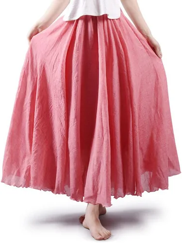 Vista 15 de ASHER FASHION Falda larga estilo bohemio con cintura elástica de algodón y lino para mujer Beige