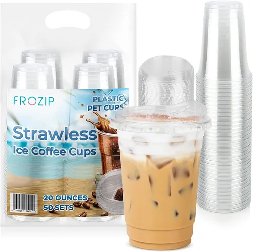 Vista 7 de FROZIP Paquete de 50 tazas de café de plástico de 16 onzas con tapas para sorbos, vasos de plástico transparente con tapas para batidos, café helado