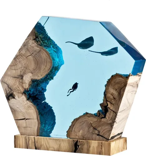 Vista 2 de Manta Rays and Diver, Scuba Resin Wood Lamp, Manta Rays Gift, Ocean Theme Diorama, Manta Rays Lamp, Ocean Lamp, Diver Lamp, Stringray Night Light