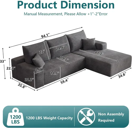 Vista 2 de Sofá modular de 95 pulgadas, sofá de nube en forma de L sin hueso con diván, asiento profundo tapizado de pana de espuma viscoelástica, no requiere