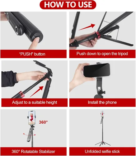 Vista 9 de Huryfox Trípode para teléfono Selfie Stick - Soporte para teléfono celular de 71 pulgadas de alto con control remoto inalámbrico desmontable