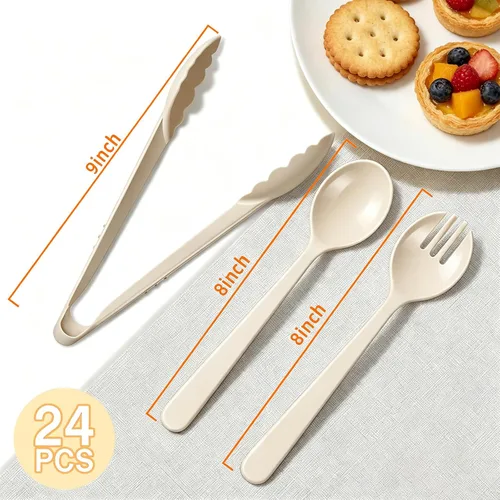 Vista 2 de Juego de 24 utensilios de plástico beige para servir, cucharas, tenedores y pinzas desechables resistentes (8 de cada uno), suministros de catering