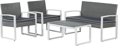 Vista 8 de JONATHAN Y Wilder - Juego de patio al aire libre de 4 piezas, color blanco lavado PE Rattan Woven Conversation Seating, Acacia Wood Table, Black