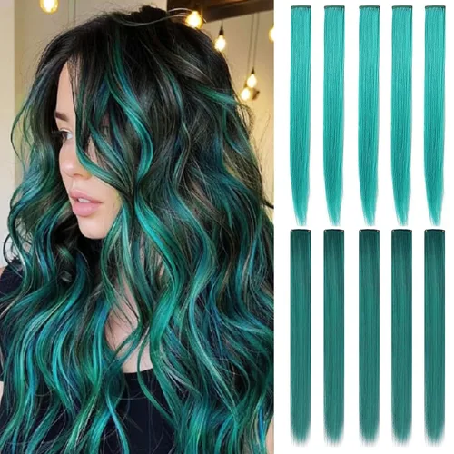 Vista 8 de Extensiones de cabello con clip de colores, 8 piezas de cabello sintético liso con reflejos azules y verde azulado