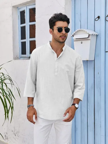Vista 3 de Mens Linen Cotton Henley Shirts Lightweight Button Up Casual Tees 34 Sleeve Beach Plain Pullover V Neck Summer Tops