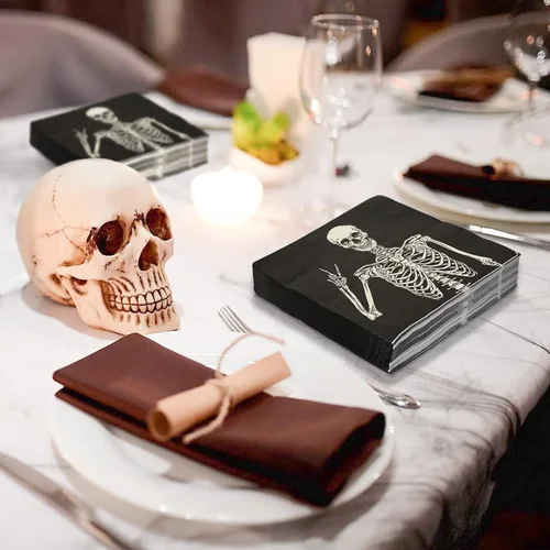 Vista 7 de AnyDesign Paquete de 80 servilletas de papel de calavera desechables de Halloween, servilletas de almuerzo de esqueleto sonriente, decoración