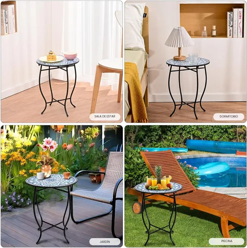 Vista 4 de Mesa auxiliar redonda, mesa auxiliar pequeña para interiores y exteriores, resistente a la intemperie, mesa auxiliar de metal negro para sala