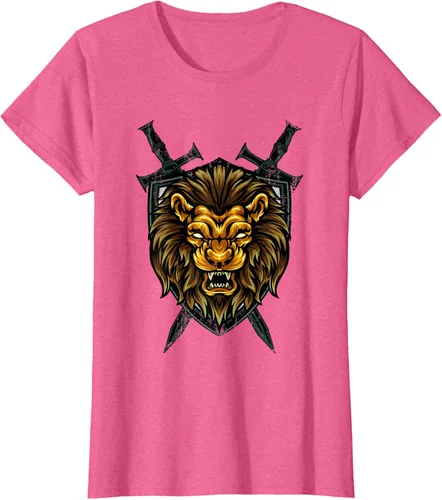 Vista 90 de Camiseta con diseño de caballero medieval renacentista, con diseño de espada de león, Negro, S