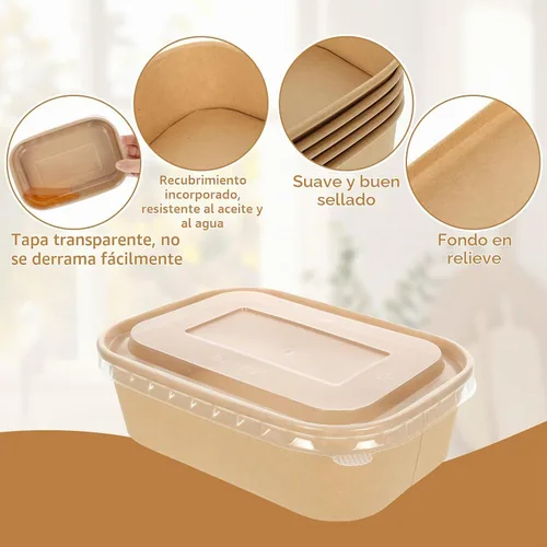 Vista 3 de Paquete de 50 cuencos desechables de papel kraft de 17 onzas con tapas, recipientes rectangulares de preparación de comidas a granel, ensaladera