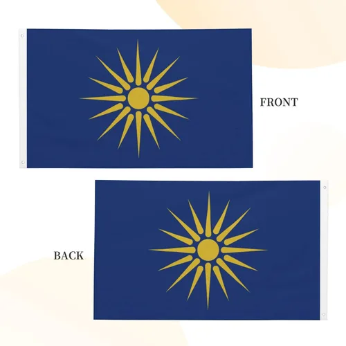 Vista 5 de Bandera de Macedonia griega de doble cara de poliéster de 3 x 5 pies, azul, blanco, amarillo, resistente a los rayos UV, resistente a