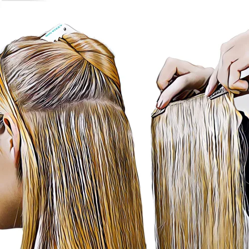 Vista 5 de Kit de extensiones de cabello con clip, convierte extensiones de cabello humano con cinta adhesiva en un juego de clip personalizado, clips a Negro