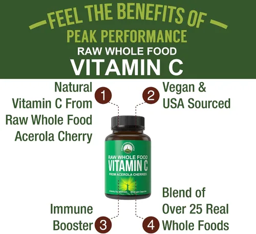 Vista 2 de Peak Performance Cápsulas de Vitamina C Natural de Aceituna Entera Cruda de Acerola para Máxima Absorción. Suplemento de Vitamina C Vegano de Origen