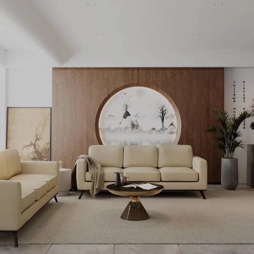 Vista 8 de LeisureMod Chester - Sofá moderno de cuero y malla de 3 plazas con base de madera de abedul Sofá de sala de estar de mediados de siglo (malla beige)