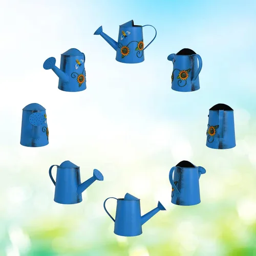 Vista 4 de Regadera decorativa de metal con girasol y abeja (vol: 4 tazas) Regadera azul pequeña Decoración de jardín Regalo de inauguración de la casa