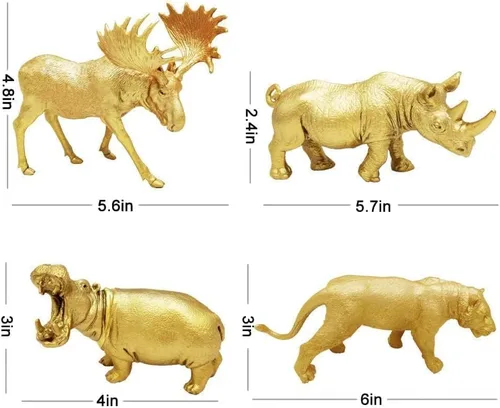 Vista 3 de Figuras de animales de plástico dorado metálico, 12 figuras de animales de zoológico de safari dorado, animales salvajes de la selva para decoración