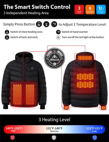Vista 4 de Chaqueta térmica para hombre con batería de 12 V y guantes calentadores de manos, chaqueta con capucha aislante de calefacción eléctrica