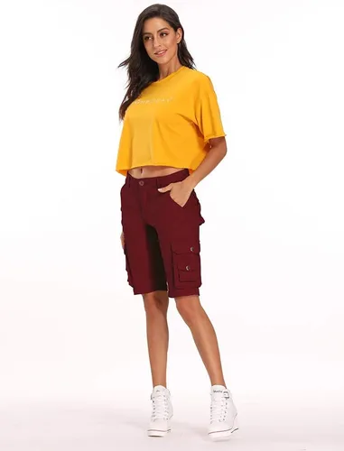 Vista 3 de Mesinsefra Pantalones cortos cargo casuales para mujer, bermudas de algodón, ajuste relajado, casual, varios bolsillos