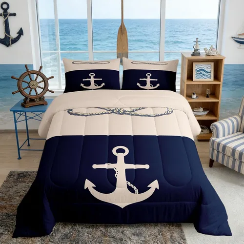 Vista 22 de Juego de edredón de brújula azul marino, tamaño individual, 2 piezas, diseño náutico de vela, estilo simple, para niños, adolescentes, adultos
