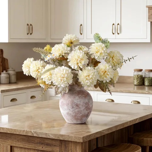 Vista 5 de 10 cabezas de flores artificiales para mamás, para jarrón, crisantemo grande de seda sintética con tallos, ramo falso para decoración del hogar Beige