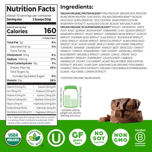 Vista 2 de Orgain Organic Vegan 0.74 oz Proteína + Superalimentos en polvo, chocolate, 1.12lb