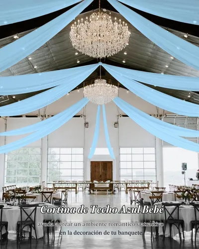 Vista 5 de 6 paneles de cortinas de techo azul bebé para boda, cortinas de techo de 5 pies x 10 pies, tela de drapeado para arco de boda, cortinas