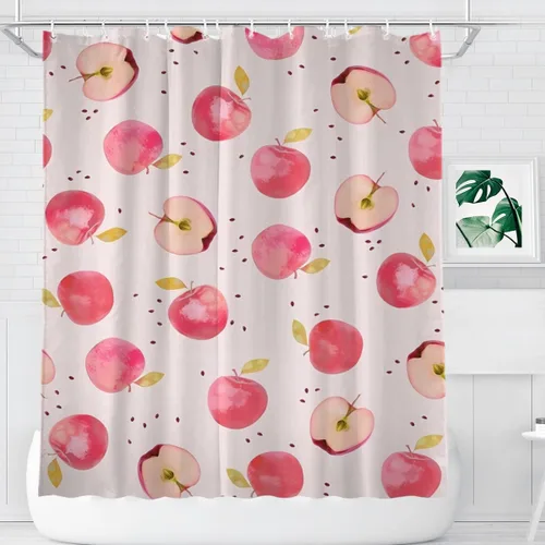 Vista 7 de KOMIKU Juego de cortina de ducha estética de frutas con diseño floral de cereza rosa, decoración de baño de frutas de verano, de poliéster, lona