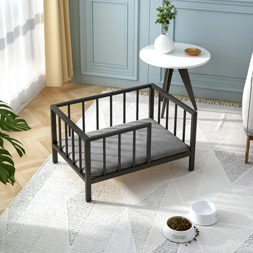 Vista 5 de OSCHF Cama para perros con rieles, marco de cama elevado de metal para mascotas con tablero de madera maciza y tapete suave lavable para perros