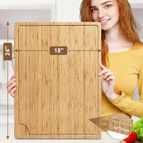 Vista 3 de Tabla de cortar de madera de bambú extragrande, tabla de cortar de madera de cocina de 24 x 18 pulgadas con ranura para jugo, tabla de cortar