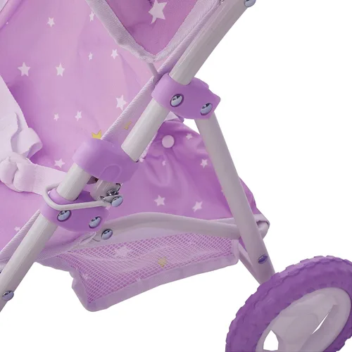 Vista 11 de Olivia's Little World Cochecito de Muñeca Bebé estilo jogging con toldo, cinturón de seguridad y espacio de almacenamiento, morado y blanco