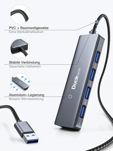 Vista 4 de Concentrador USB, divisor USB 3.0 de 4 puertos dockteck de aluminio, extensor USB de 2 pies compatible con MacBook, XPS, Surface Pro, Mac mini/Pro