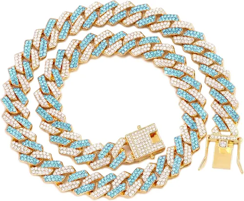 Vista 7 de Collar de cadena dorada para perro, collar cubano de diamantes para caminar, collar de cadena de metal con diseño de hebilla segura, collares