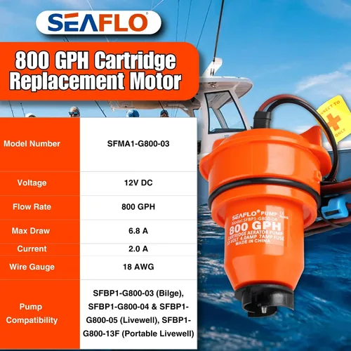 Vista 2 de SEAFLO Motor de cartucho de repuesto para bomba de sentina, Livewell/Baitwell de 12 V, 800 GPH, compatible con los modelos SEAFLO SFBP1-G800-03