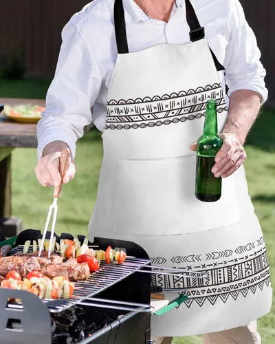 Vista 5 de Waterproof Apron with 2 Pockets, Boho Style Black White Geometric Pattern Adjustable Man and Women Kitchen Bib Apron for Baking Cooking Restaurant