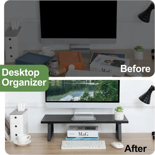Vista 6 de TEAMIX Soporte elevador de monitor de 24 pulgadas, soporte para monitor de computadora de madera negra y acero con almacenamiento, portátil, PC