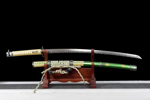 Vista 3 de Espada japonesa Oda Nobunaga Tachi de acero de Damasco con patrón de piedra de hoja samurái, espada completa de oro verde muy afilado, arma genial