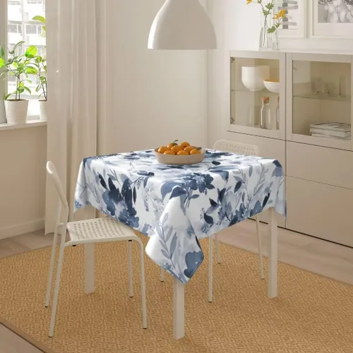 Vista 5 de Mantel floral azul marino de 54 x 54 pulgadas, mantel cuadrado de flores azul oscuro y blanco, mantel de poliéster para fiestas de vacaciones