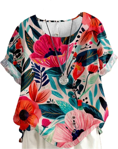 Vista 17 de domirica Camisetas de verano para mujer 2024 con estampado de flores, algodón, lino, manga corta, cuello redondo, camisas casuales de moda
