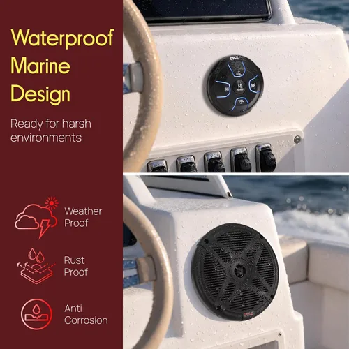 Vista 4 de Pyle PLMRKT8 - Kit de altavoces marinos duales de 6.5 pulgadas, resistente al agua con receptor de control remoto Bluetooth amplificado