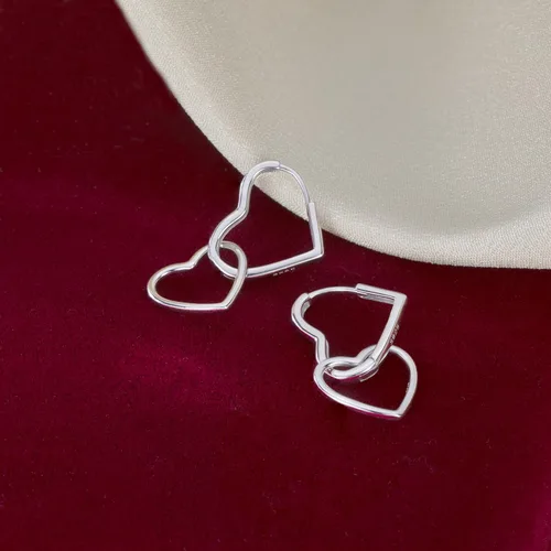 Vista 4 de SLUYNZ Aretes de aro de plata de ley 925 con forma de corazón para mujeres, adolescentes y niñas, aretes de aro de doble corazón