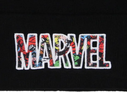 Vista 2 de Marvel Comic Logo Beanie Bordado Vintage Diseño Cuff Knit Beanie Hat Cap Negro, Negro