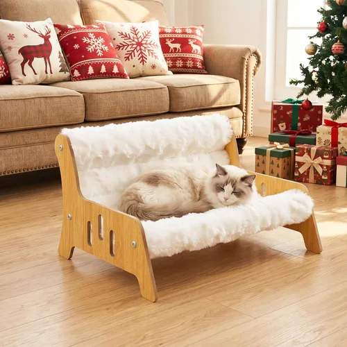 Vista 9 de Sofá cama elevada para gatos, sofá esponjoso para gatos, muebles de madera