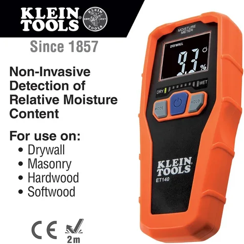 Vista 2 de Klein Tools Medidor de humedad ET140 sin pines para detección de humedad no destructiva en paneles de yeso, madera y mampostería; detecta hasta 3/4