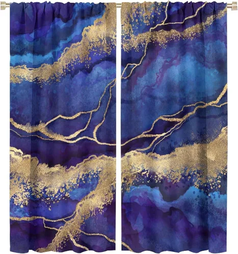 Vista 72 de Cortinas abstractas de mármol de lujo de lujo azul marino dorado a rayas con patrón de mármol estampado para dormitorio, sala de estar, cortinas
