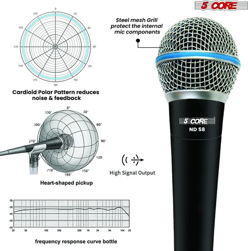 Vista 6 de 5 CORE Micrófono cardioide dinámico para canto de karaoke Micrófono profesional con cable XLR para escenario y estudio con imán de neodimio - ND 58