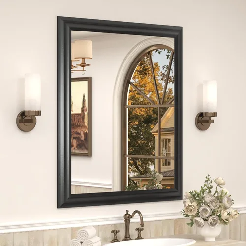 Vista 25 de Paquete de 2 espejos de baño con marco de metal negro de 22 x 30 pulgadas, espejo rectangular redondeado negro mate, antioxidante, se cuelga