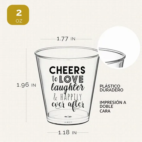 Vista 2 de Vasos de chupito de boda – Cheers to Love Laughter and Happily Ever After Vasos de chupito a granel paquete de 100 – 2 onzas desechables regalos