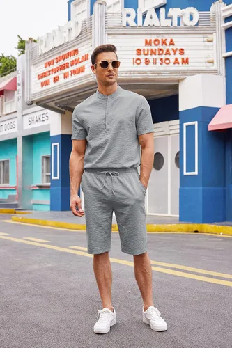 Vista 4 de COOFANDY Conjunto de 2 piezas de lino para hombre, camisas Henley casuales de manga corta, pantalones cortos de yoga para la playa, pantalones