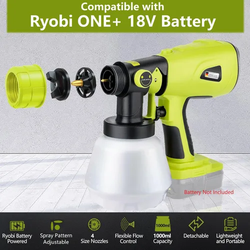 Vista 2 de Pulverizador de pintura inalámbrico compatible con batería Ryobi One de 18V, capacidad de 1000ml, pistola de pintura en aerosol HVLP, 3 patrones y 4